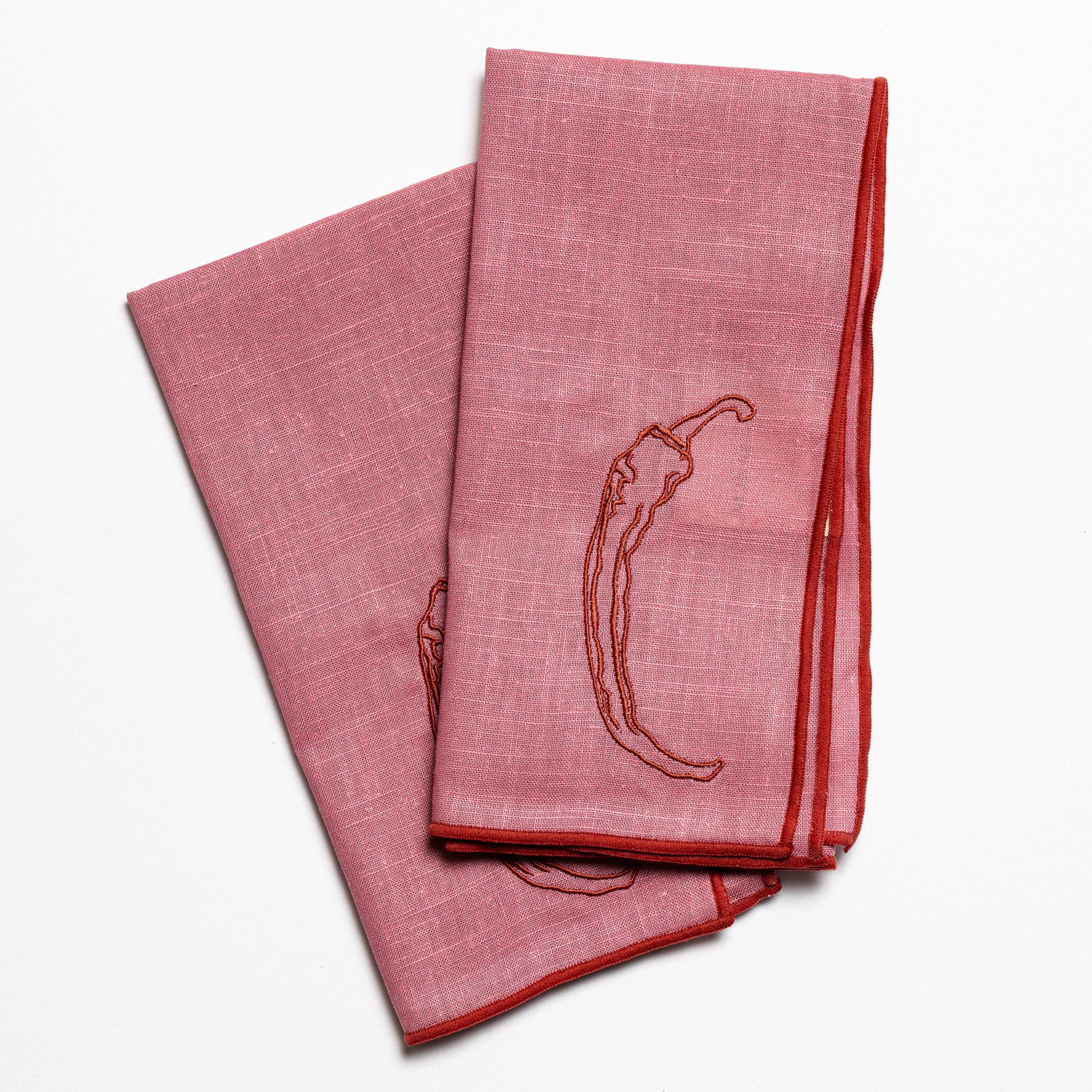 Linen Embroidered Napkins | 'Red Hot Chilli'